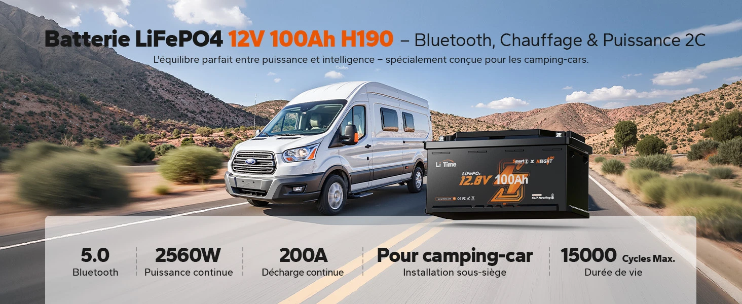 Batterie LiTime LiFePO4 12V 100Ah H190 avec Bluetooth et chauffage, idéale pour installation sous-siège en camping-car