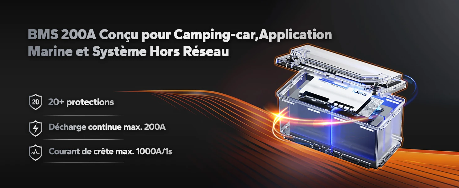 Système BMS 200A LiTime : plus de 20 protections, décharge continue 200A et courant de crête 1000A, pour camping-car, marine et systèmes hors réseau.