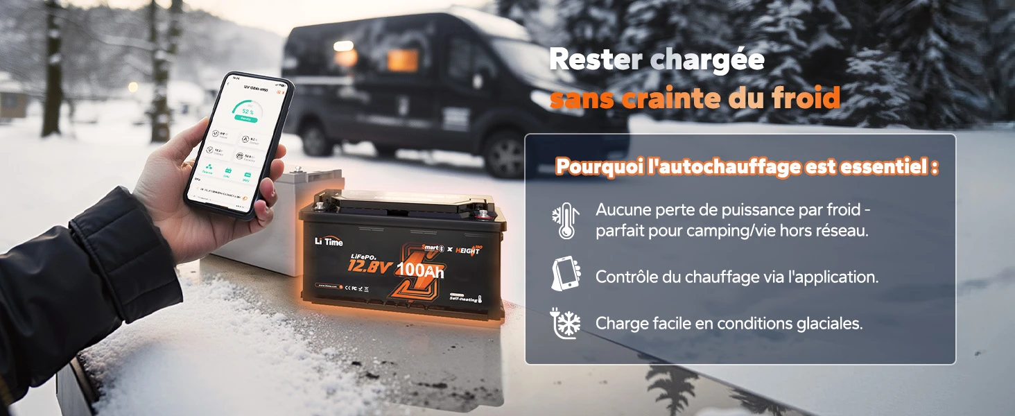 Batterie LiTime 12V 100Ah avec fonction auto-chauffante : contrôle via application mobile pour une charge fiable en conditions hivernales