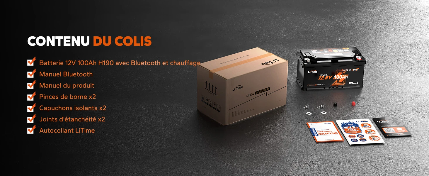 Contenu du colis de la batterie LiTime 12V 100Ah H190 : inclut la batterie, les manuels, les pinces de borne, les capuchons isolants et autocollants