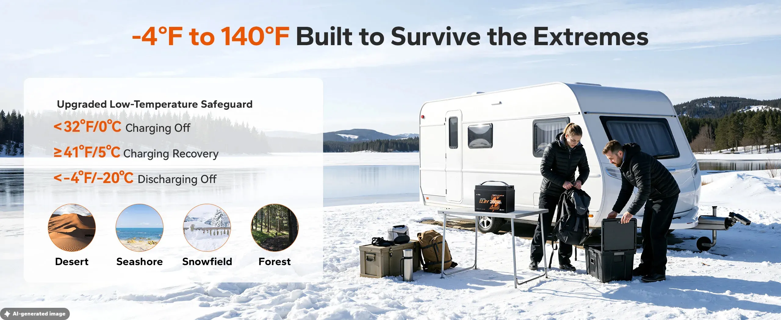 LiTime 12V 200Ah mini truck lithium battery built for extreme temperatures with low-temp protection.