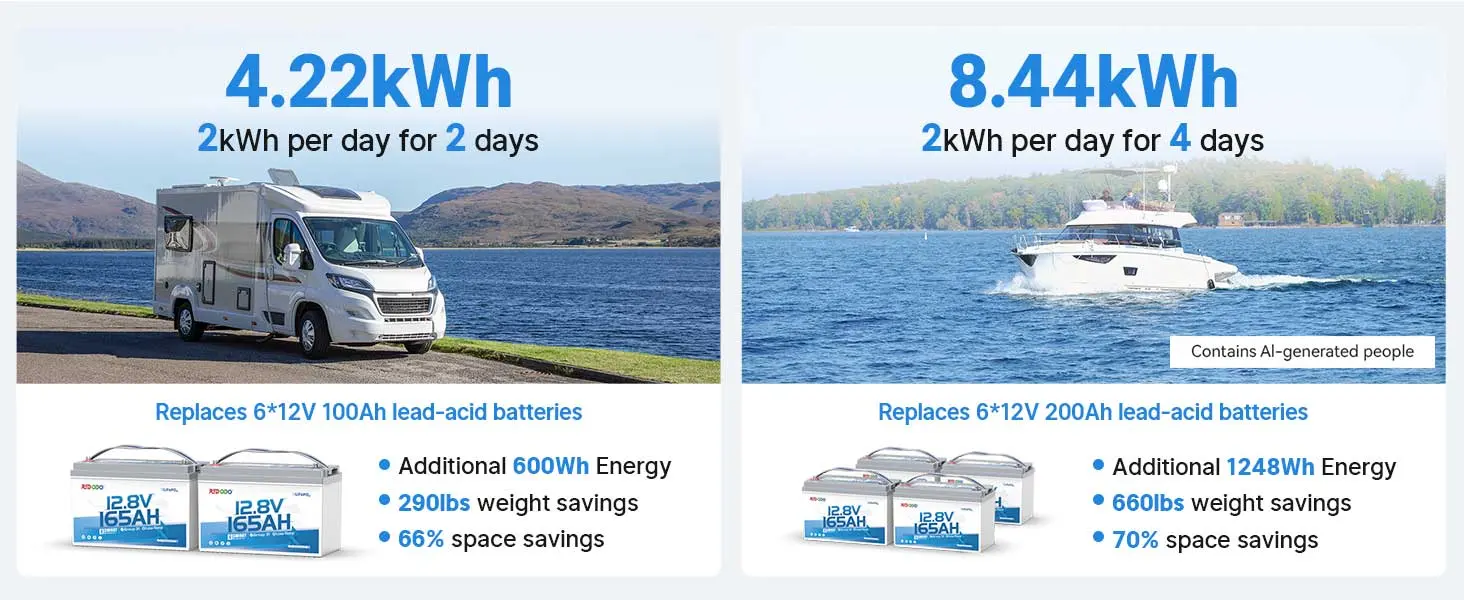 Redodo 12V 165Ah Group 31 LiFePO4 battery runtime for RV and marine