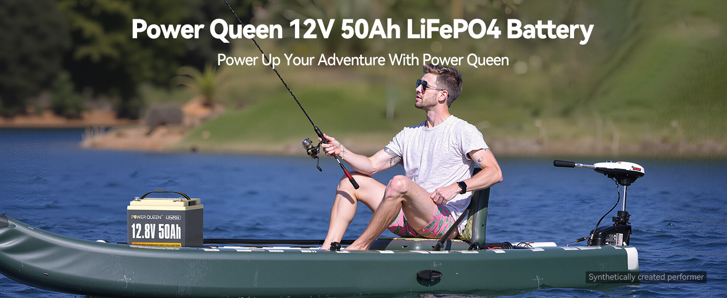 Power Queen 12V 50Ah LiFePO4 battery powering trolling motor on a fishing kayak