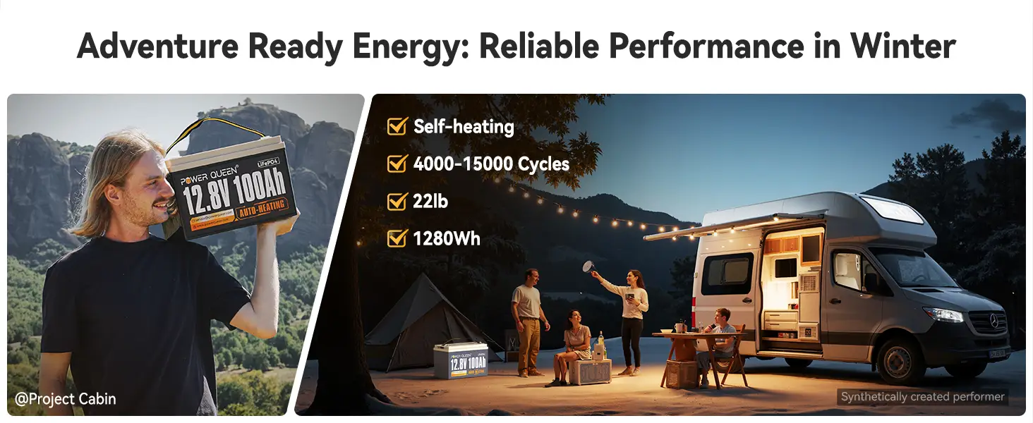 Power Queen 12V 100Ah LiFePO4 self-heating battery for RV camping adventure reliable winter energy