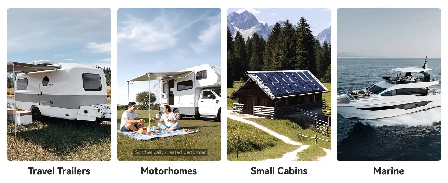 Power Queen 12V 200Ah Deep Cycle LiFePO4 Battery applications including travel trailers, motorhomes, small cabins, and marine use.