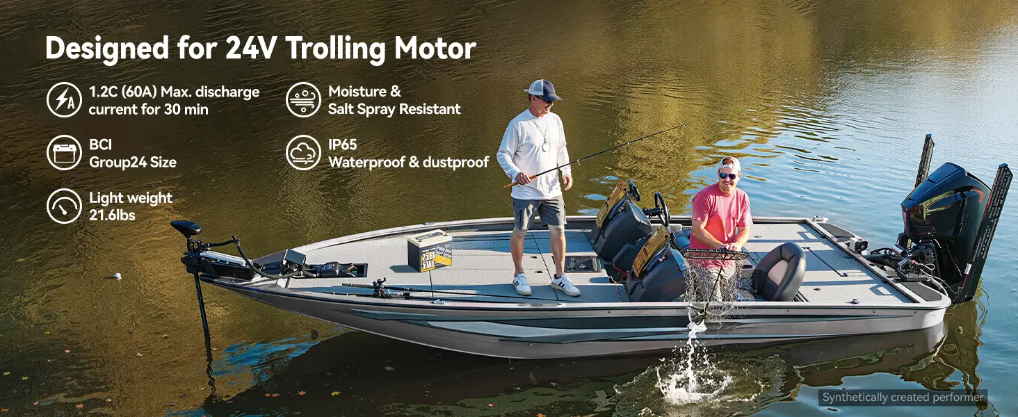Power Queen 24V 50Ah LiFePO4 battery on fishing boat for trolling motor with IP65 waterproof and Group24 size
