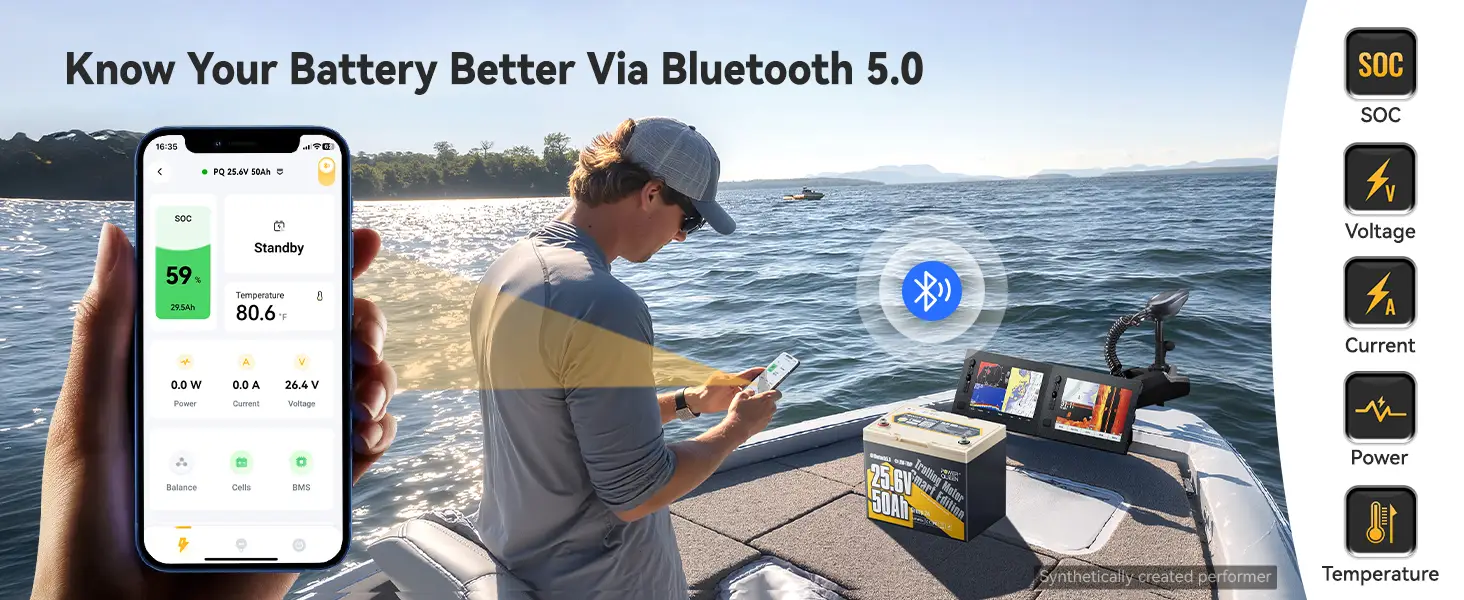 Monitor Power Queen 24V 50Ah smart battery via Bluetooth 5.0 app with SOC, voltage, current, and temperature info