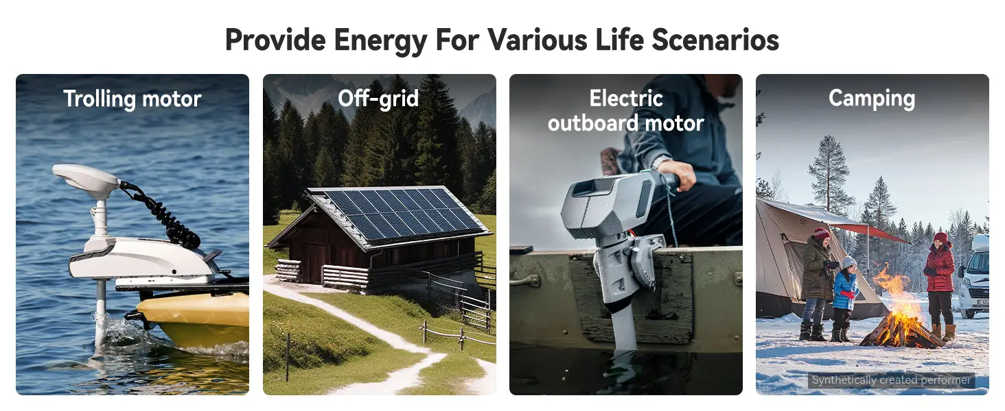 Power Queen battery applications including trolling motor, off-grid living, electric outboard motor, and winter camping