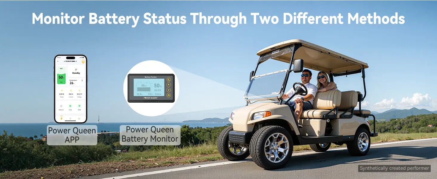 Monitor Power Queen 48V 100Ah Golf Cart Battery status via Bluetooth App or battery monitor