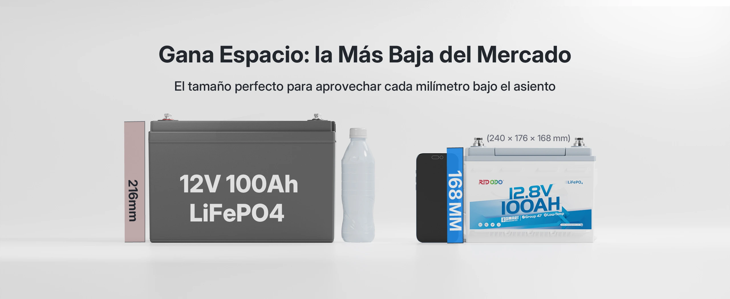 Redodo baterÍa litio Bluetooth 12V 100Ah H168 con Bluetooth es más baja del mercado para ganar espacio