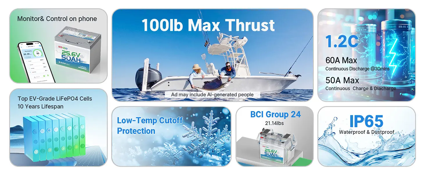 key features of Redodo 24V 50AH lithium trolling motor battery