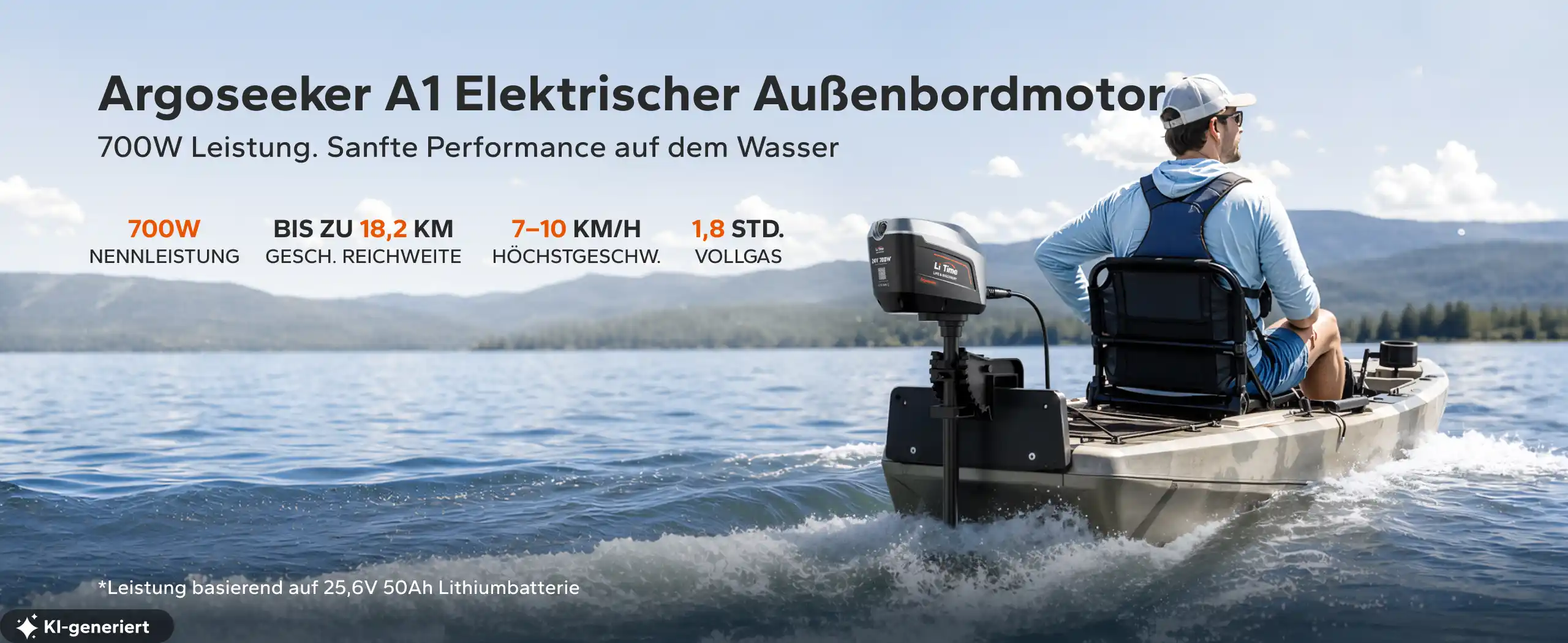 Argoseeker A1 Elektro-Außenborder mit Leistungs-, Geschwindigkeits- und Reichweitenangaben