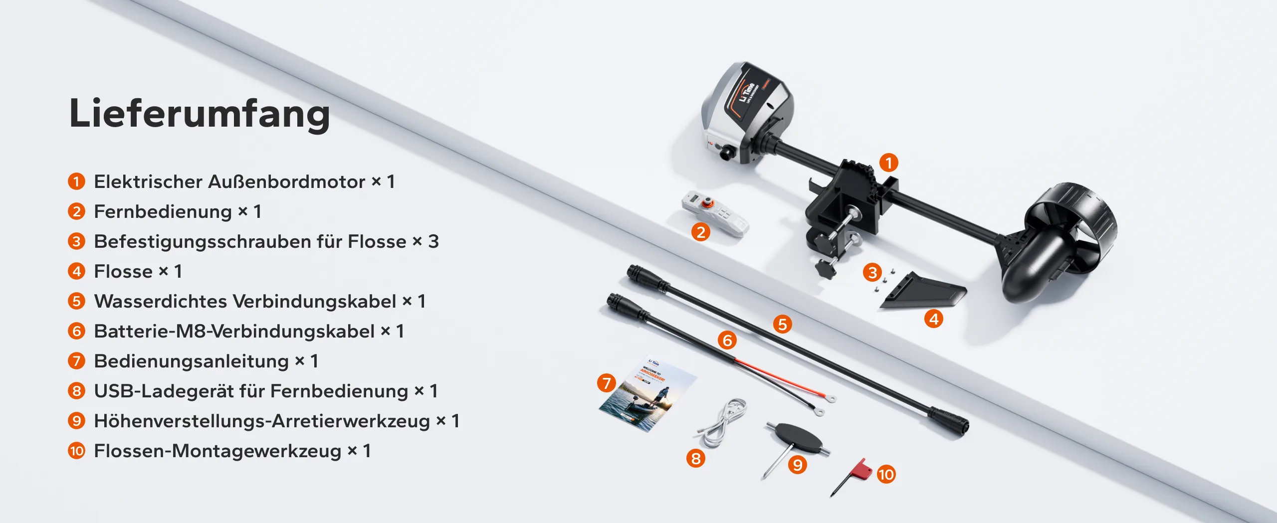 Lieferumfang des Argoseeker A1 Elektro-Außenbordmotor-Sets