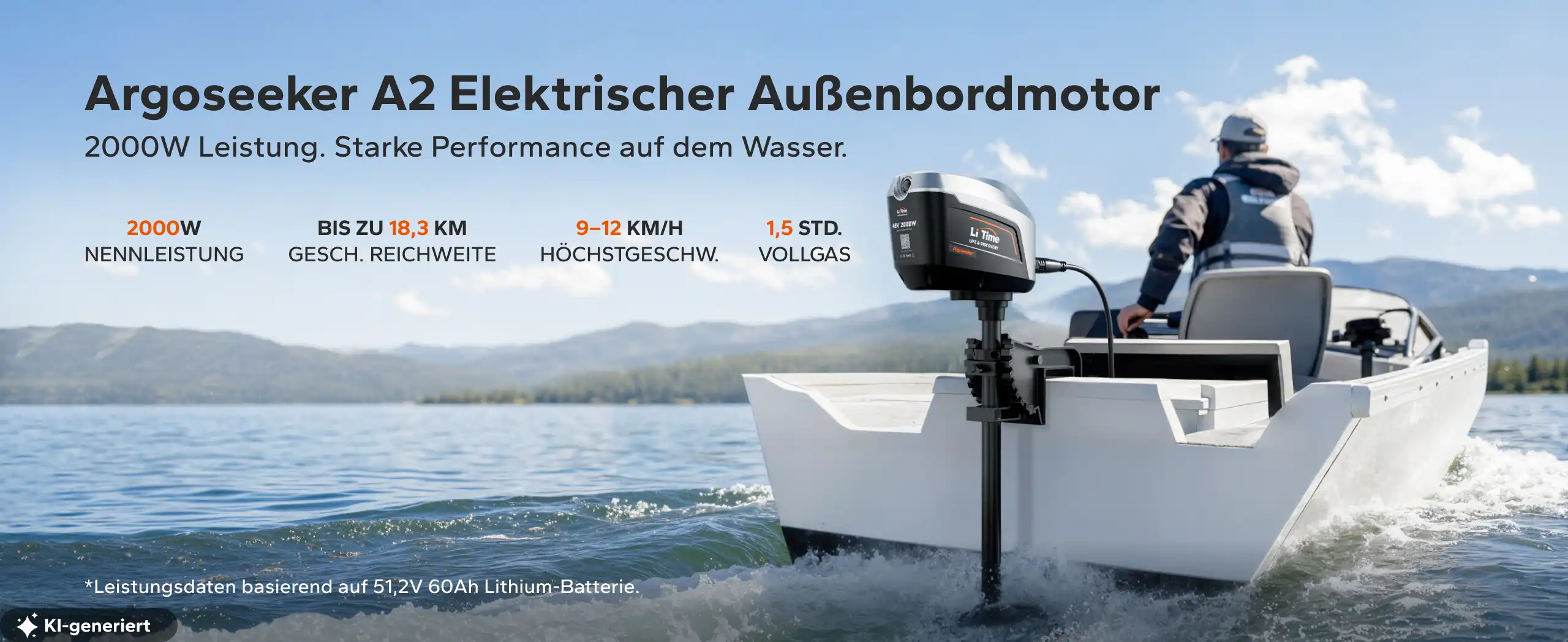 LiTime Argoseeker A2 Elektro-Außenborder an einem Kleinboot auf ruhigem Wasser