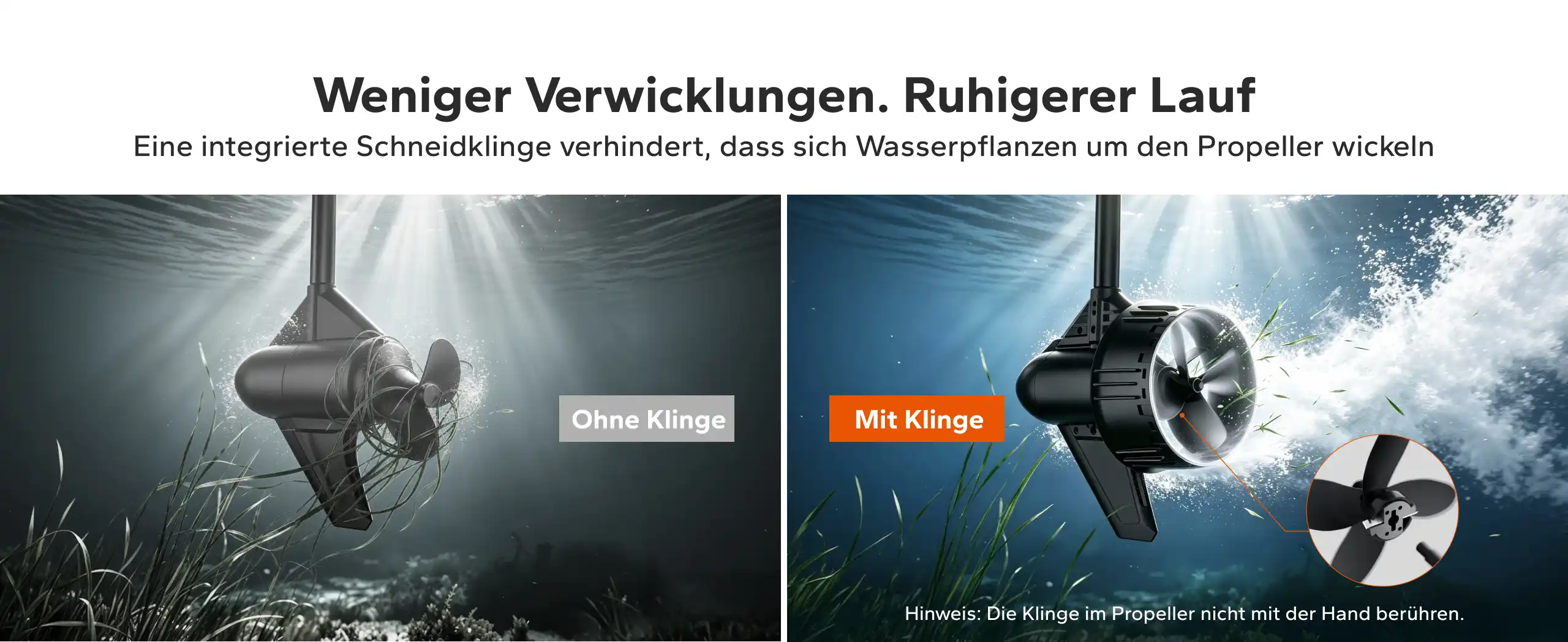 Integrierte Schneidklinge am Propeller des Argoseeker A2 gegen Wasserpflanzen