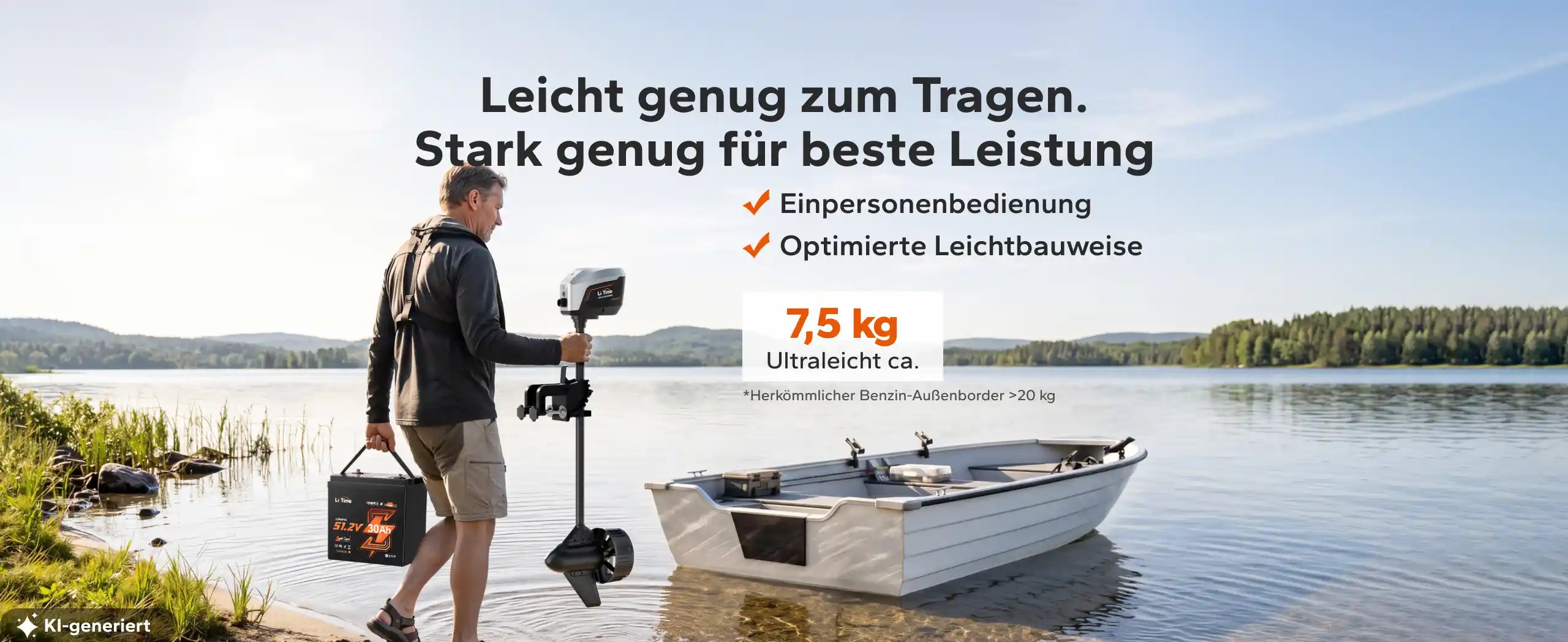 Eine Person trägt den nur 7,5 kg leichten Argoseeker A2 Elektro-Außenborder zum Boot