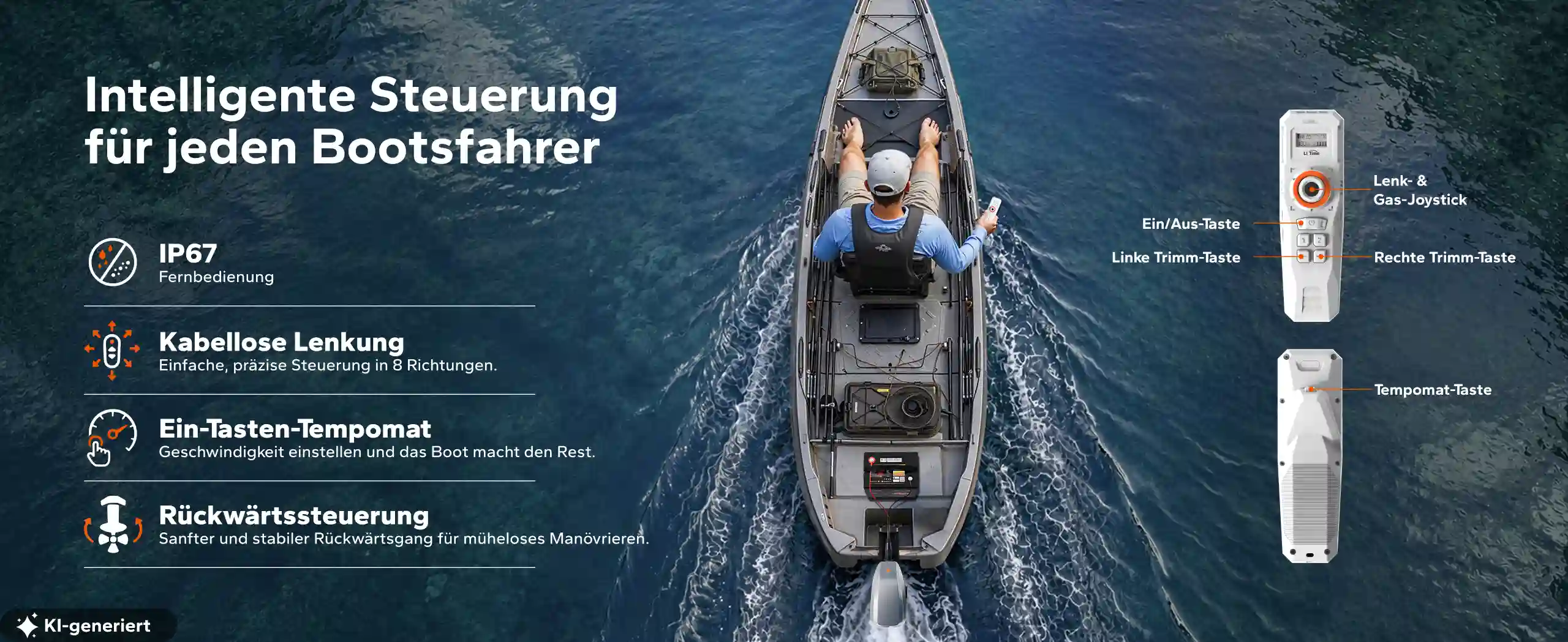Angler steuert den Argoseeker A2 mit der 2,4-GHz-Funkfernbedienung vom Boot aus