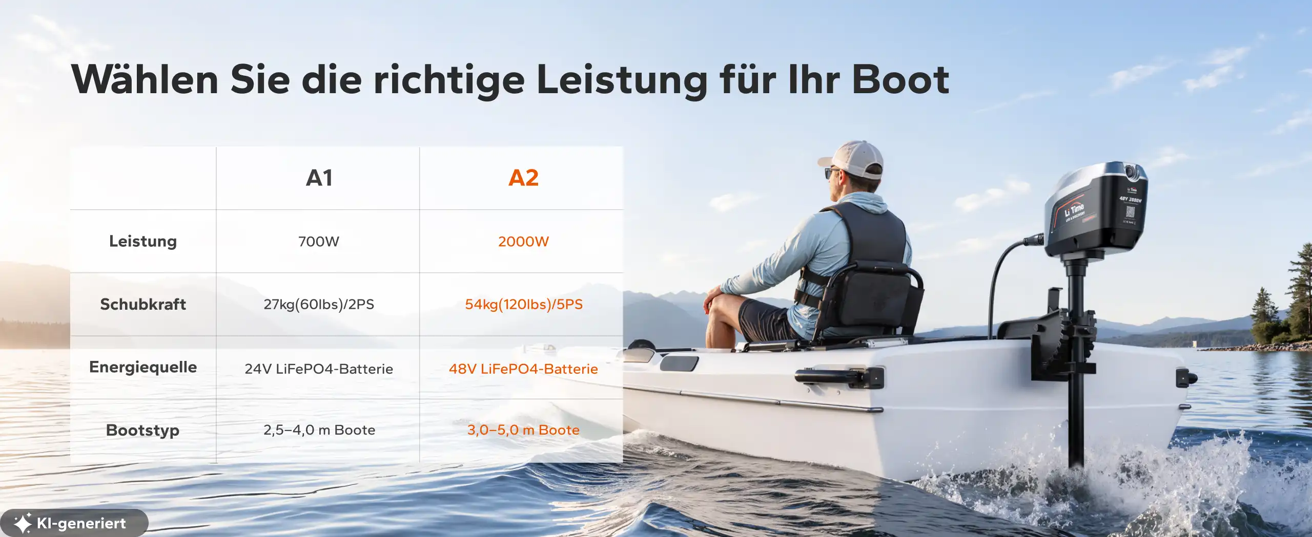 Vergleich von Argoseeker A1 und A2 nach Bootsgröße, Motorleistung und Schubkraft