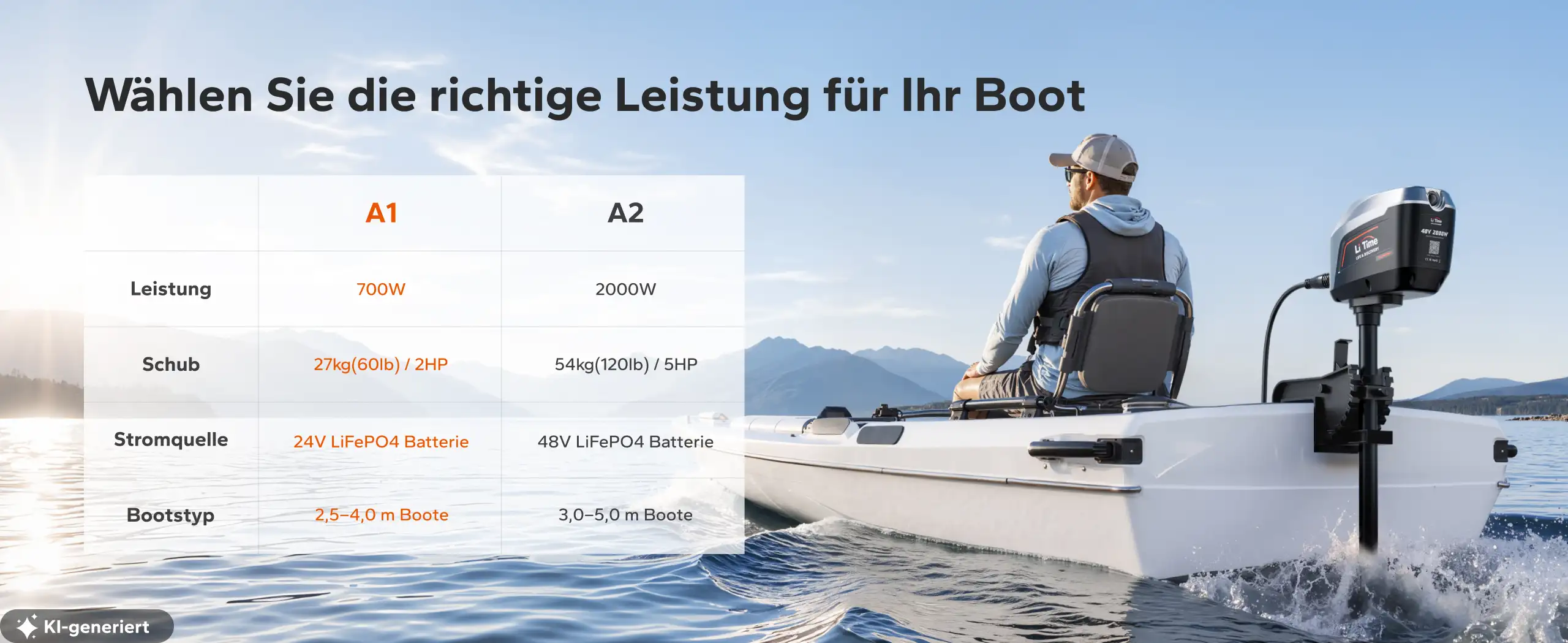 Vergleich von Argoseeker A1 und A2 nach Leistung, Schubkraft und Bootstyp