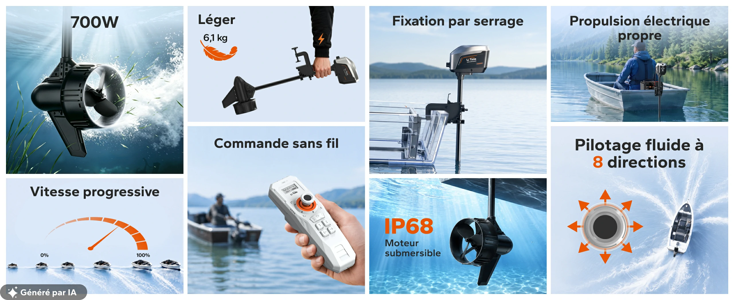 Caractéristiques principales du moteur électrique LiTime Argoseeker : étanchéité IP68 et télécommande