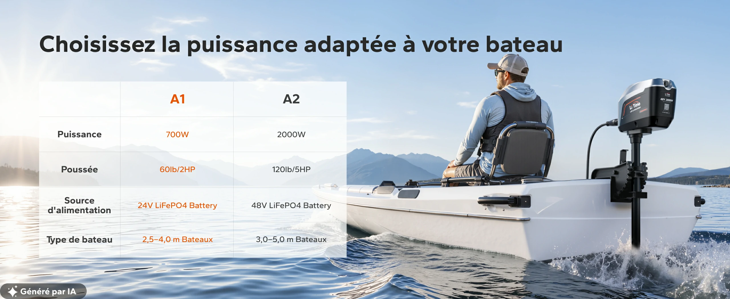 Tableau comparatif des puissances et types de bateaux pour les moteurs LiTime A1 et A2