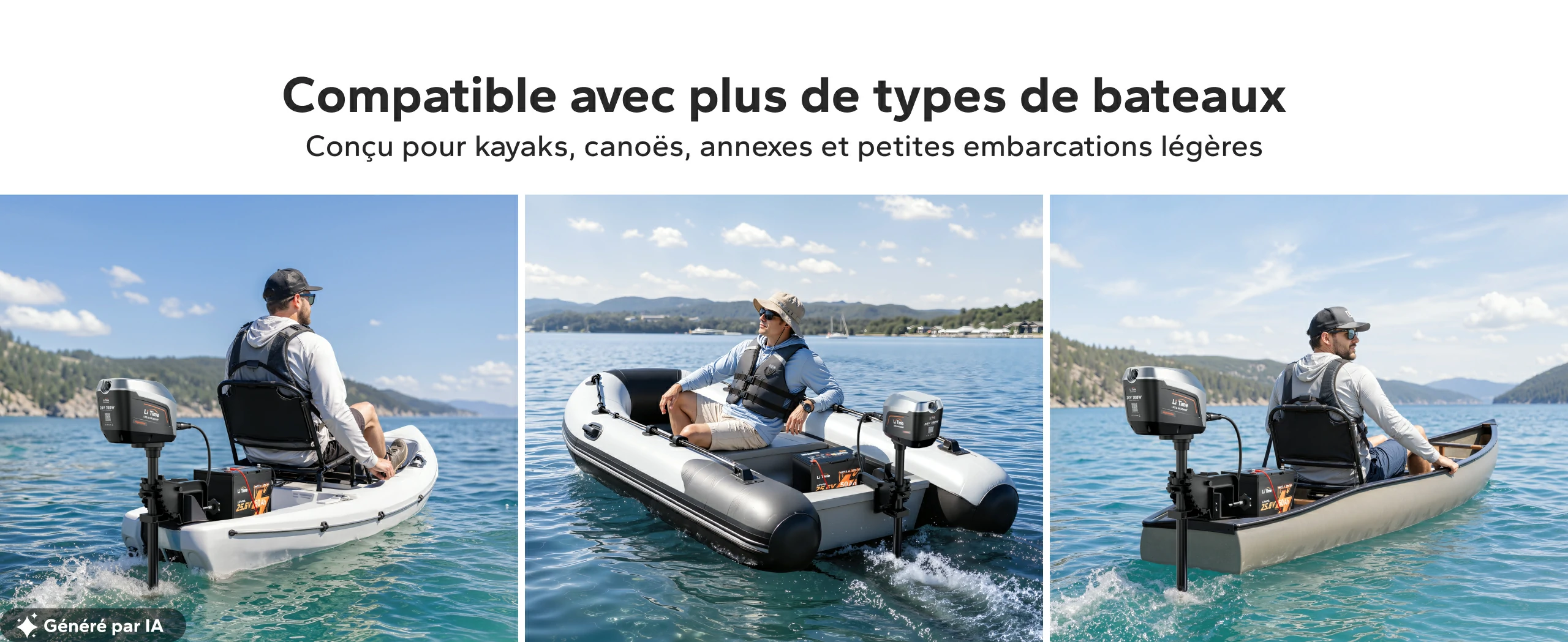 Moteur compatible avec les kayaks, canoës et petites embarcations de pêche