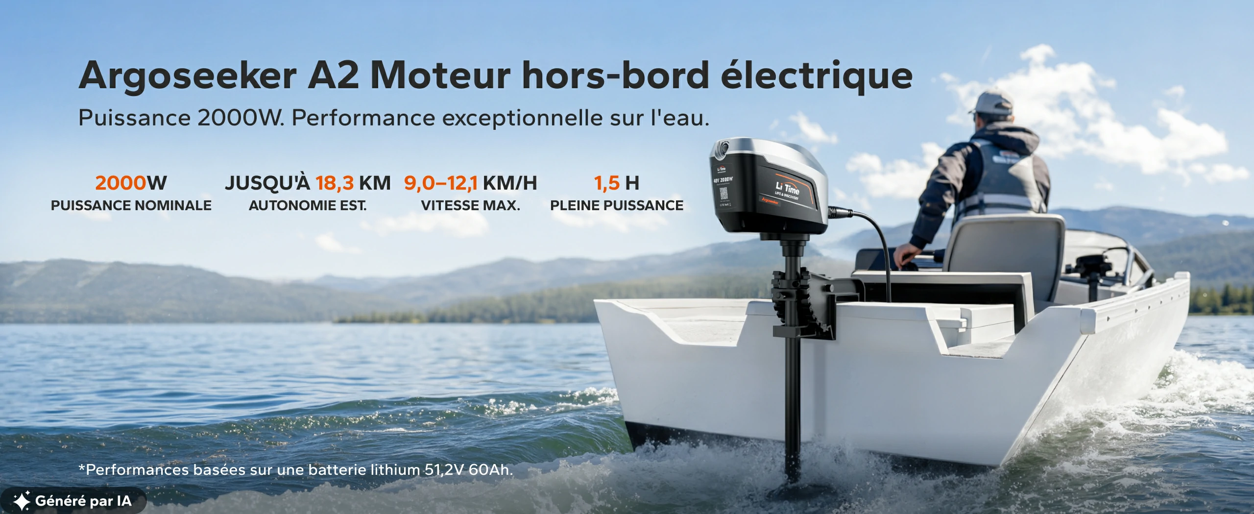 Moteur hors-bord électrique Argoseeker A2 2000W avec autonomie et vitesse maximale