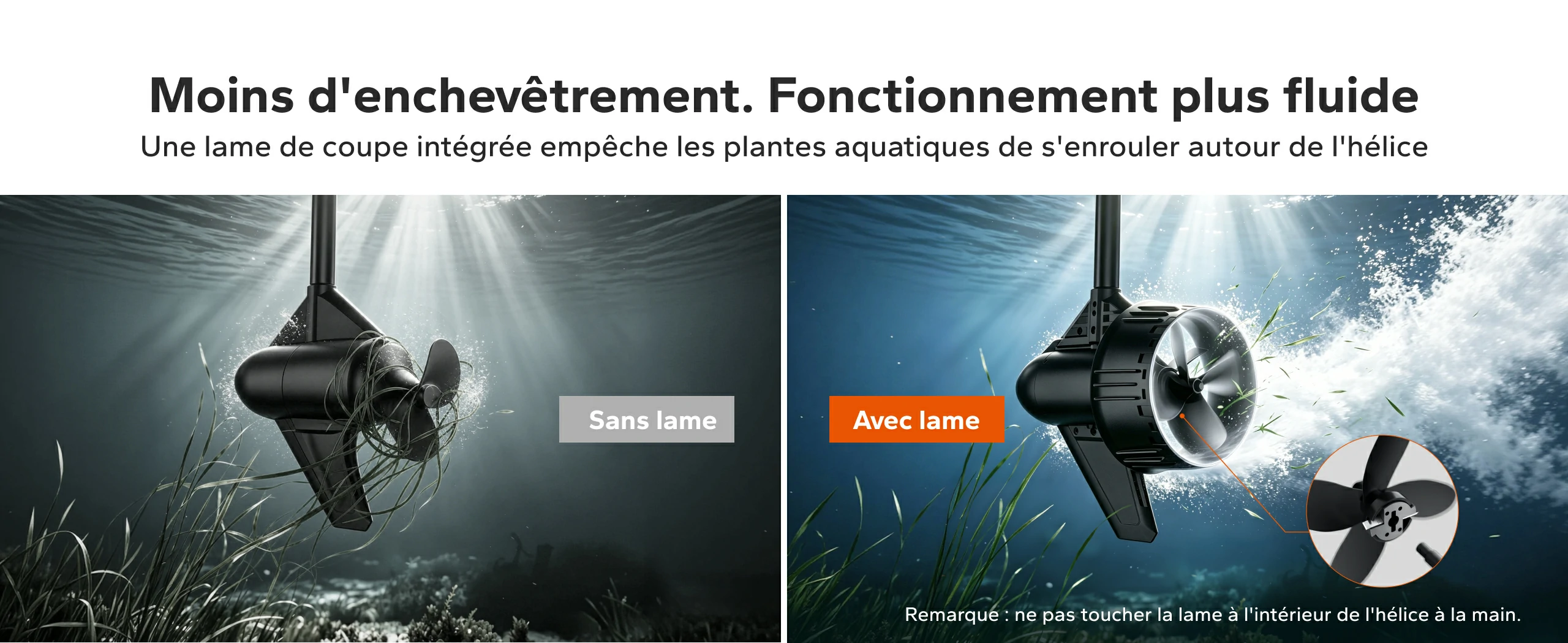 Comparaison avec et sans lame anti-algues intégrée pour hélice de moteur Argoseeker A2