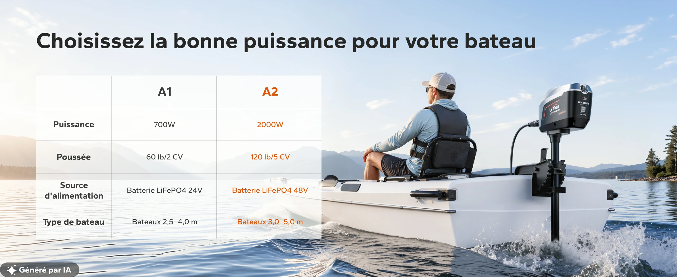 Tableau comparatif des spécifications et de la puissance entre les moteurs électriques A1 et A2