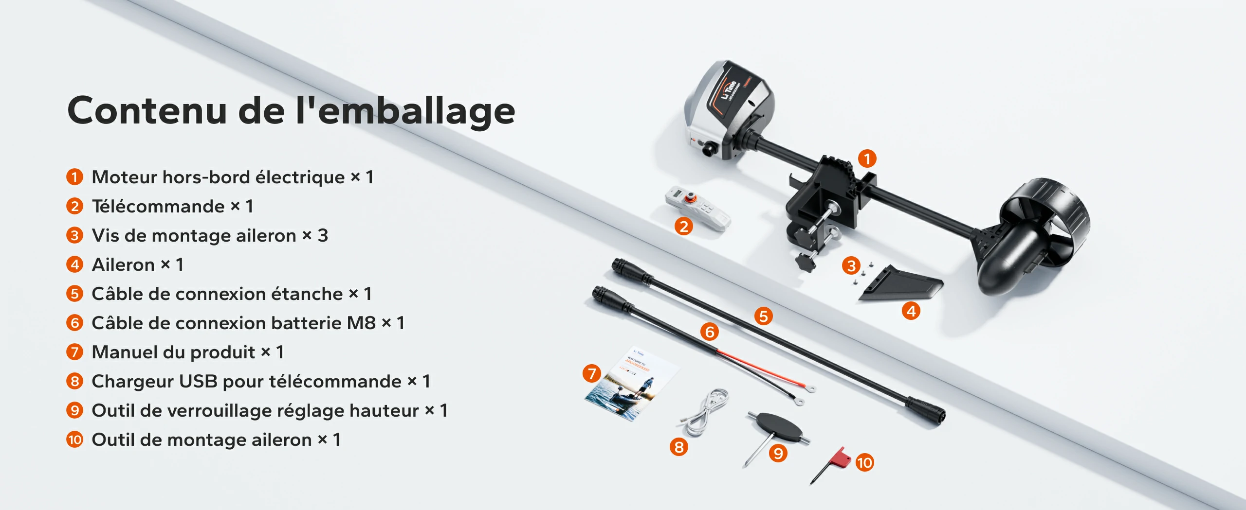 Liste complète du contenu de l'emballage et des accessoires inclus avec le moteur hors-bord