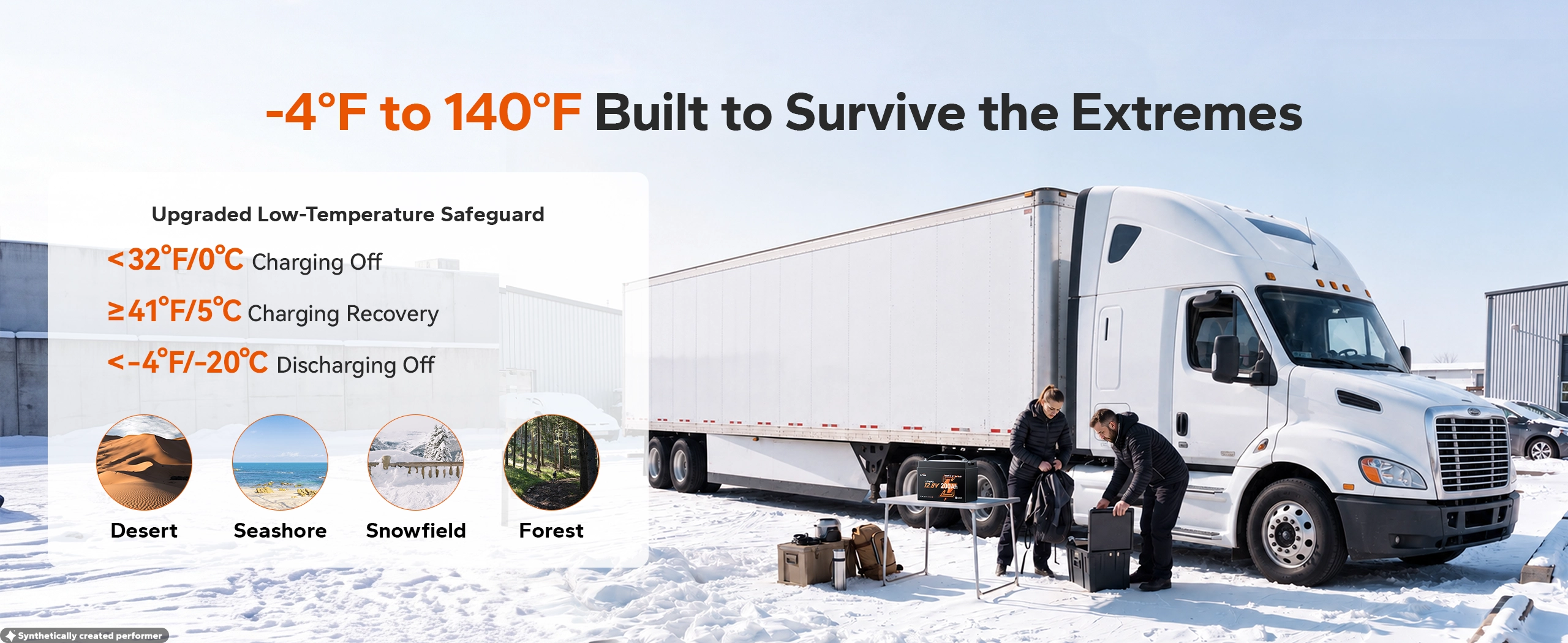 LiTime 12V 200Ah mini truck lithium battery built for extreme temperatures with low-temp protection.