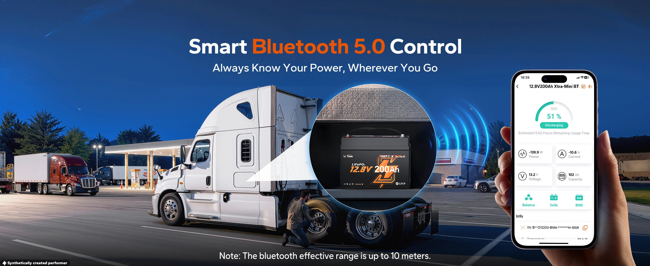 LiTime 12V 200Ah mini LiFePO4 battery with Bluetooth 5.0—real-time RV power monitoring on the go.