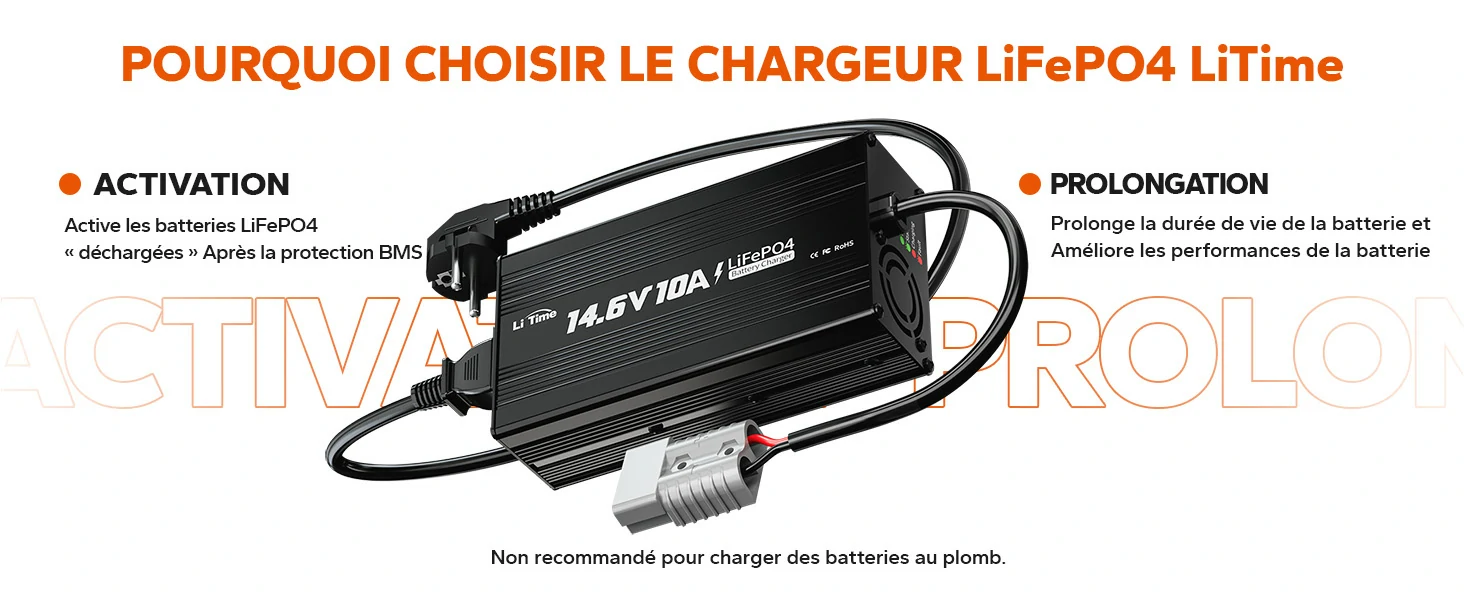 Chargeur LiTime 12V（14.6V） 10A pour batteries LiFePO4 avec fonctions d'activation et de prolongation de vie.