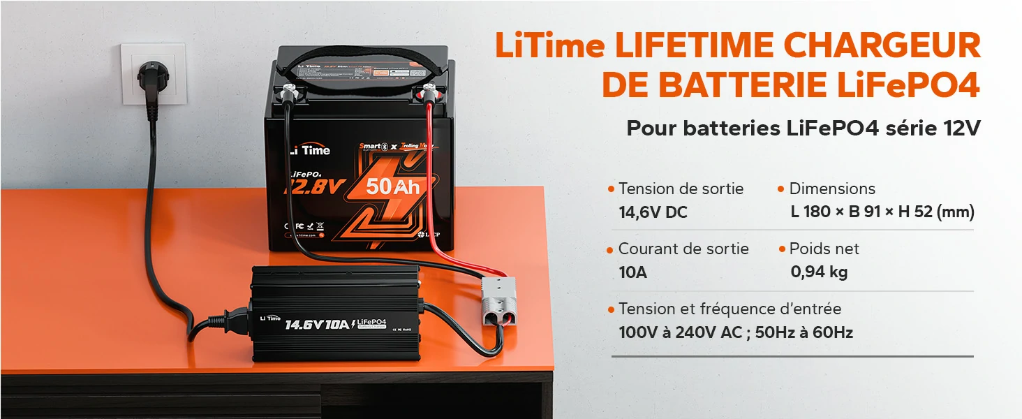 Chargeur LiTime 14.6V 10A branché sur une batterie 12V avec ses spécifications techniques.