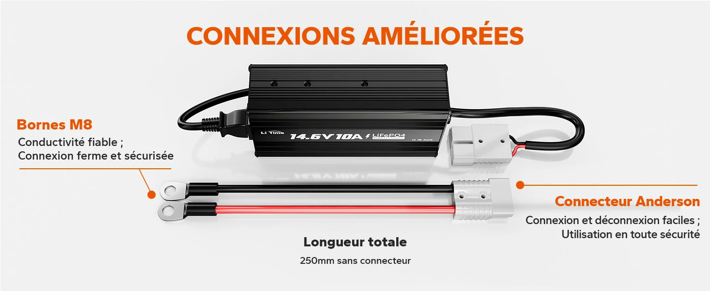 Détail des connexions améliorées avec bornes M8 et connecteur Anderson pour chargeur.