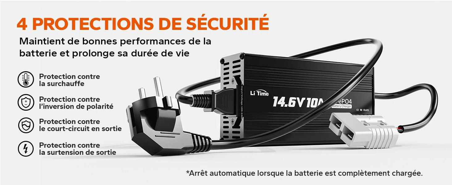 Vue des 4 protections de sécurité intégrées au chargeur LiTime contre la surchauffe et les courts-circuits.