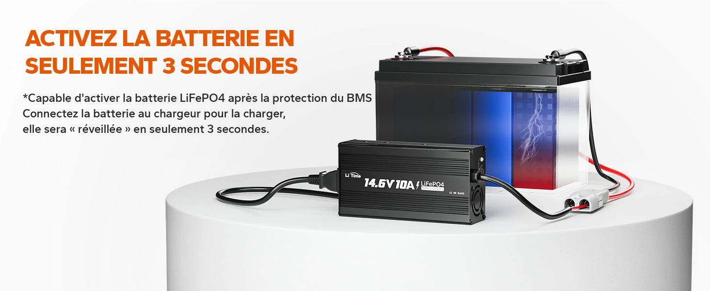 Chargeur LiTime 14.6V 10A activant une batterie LiFePO4 déchargée en 3 secondes.