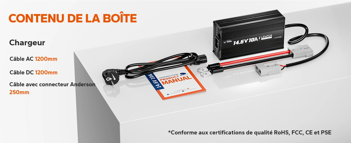 Contenu de la boîte du chargeur LiTime : chargeur, câbles AC/DC et manuel utilisateur.