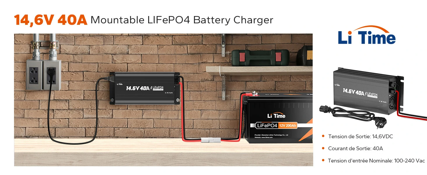 Chargeur LiTime 14.6V 40A montable mural connecté à une batterie LiFePO4.
