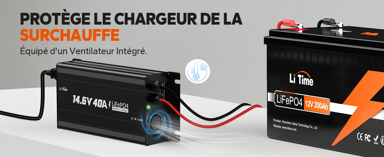 Ventilateur de refroidissement intégré protégeant le chargeur LiTime 12V 40A de la surchauffe.