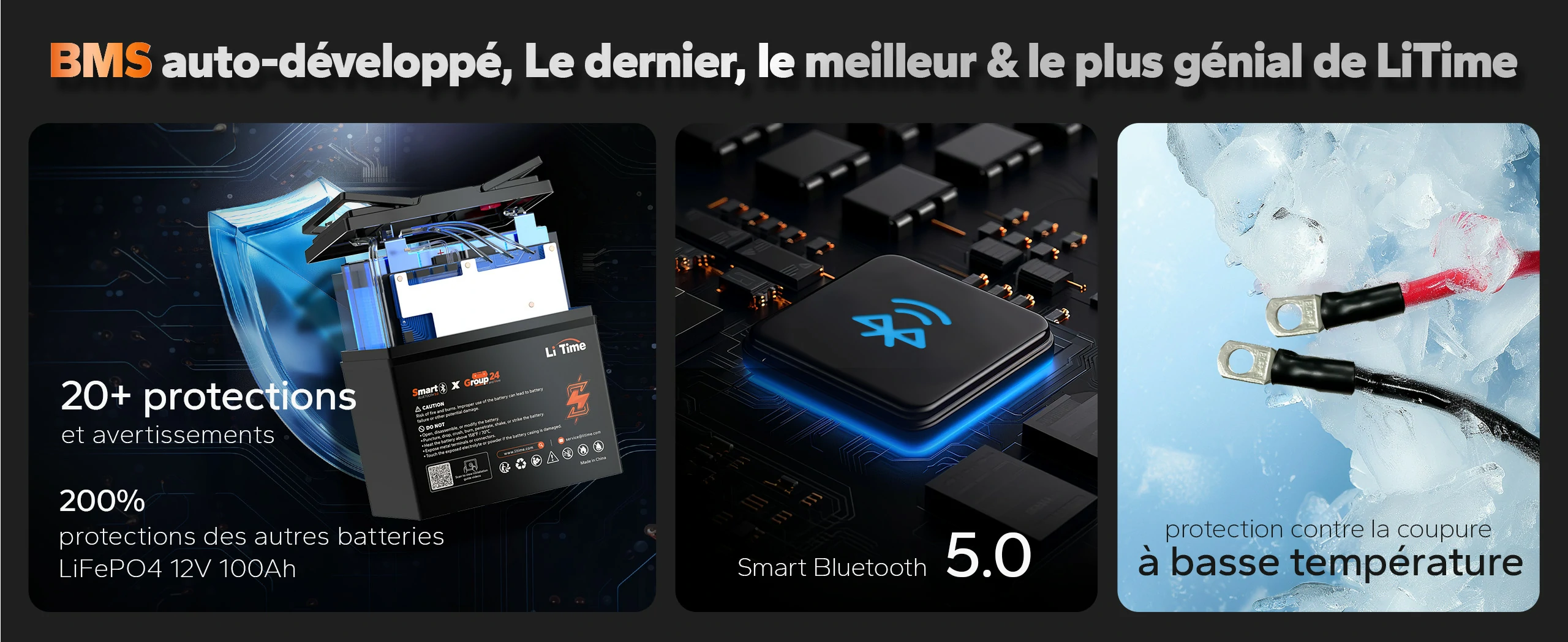 Présentation du BMS auto-développé de LiTime intégrant plus de 20 protections, le Bluetooth 5.0 et une protection contre les basses températures.