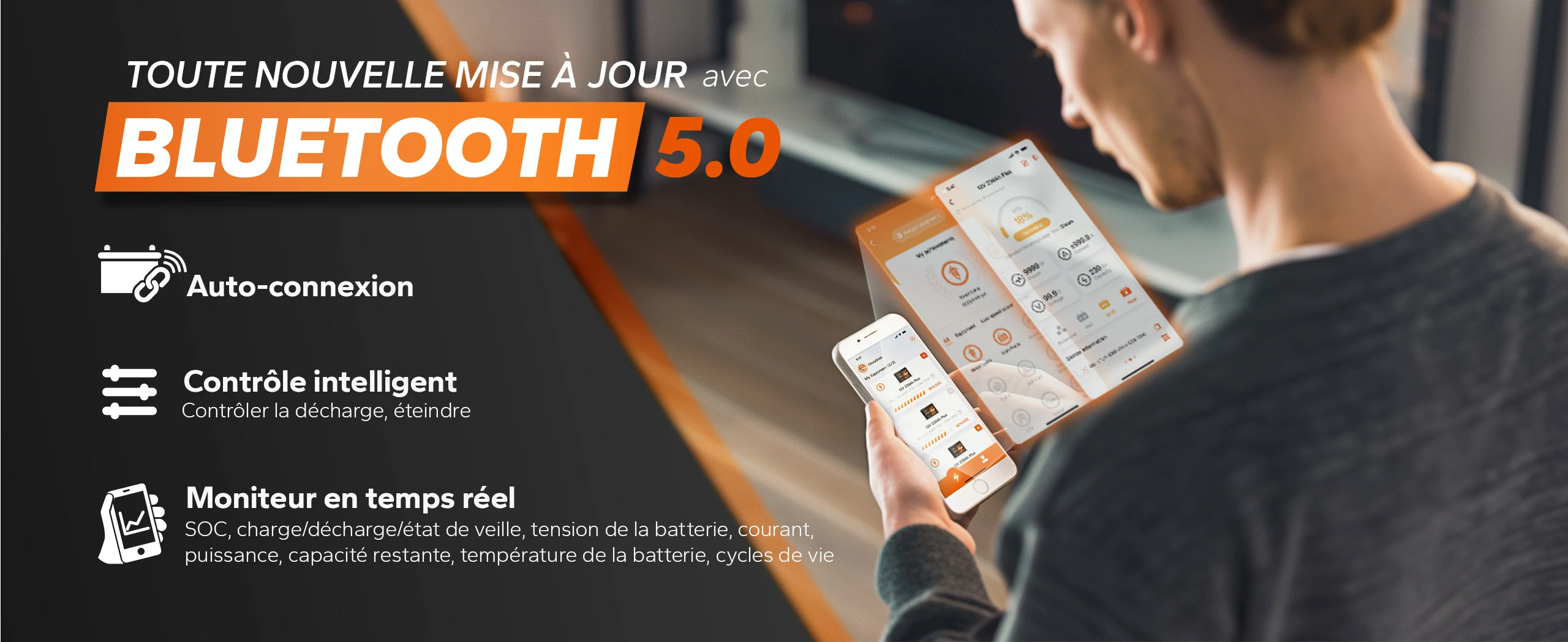 Utilisation de la mise à jour Bluetooth 5.0 avec l'application mobile pour l'auto-connexion, le contrôle intelligent et la surveillance en temps réel.