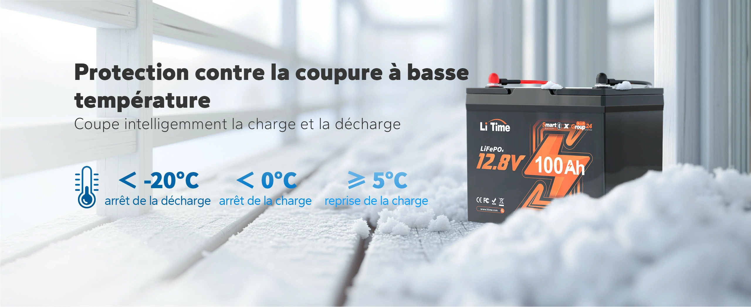 Détails des seuils de protection contre les basses températures : arrêt de la décharge en dessous de $-20$ °C, arrêt de la charge en dessous de $0$ °C et reprise à $\ge 5$ °C.