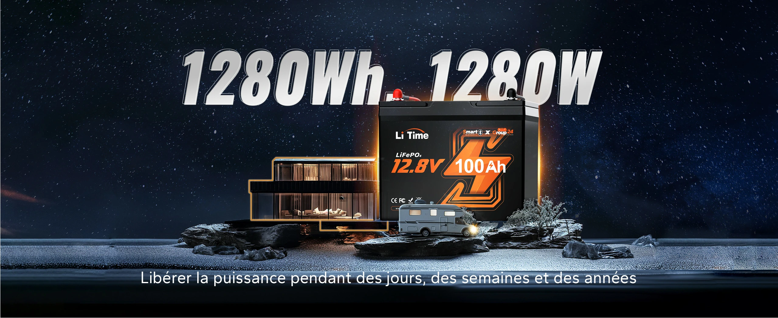 Illustration de la puissance et de l'énergie de 1280Wh et 1280W pour alimenter des installations sur de longues périodes.