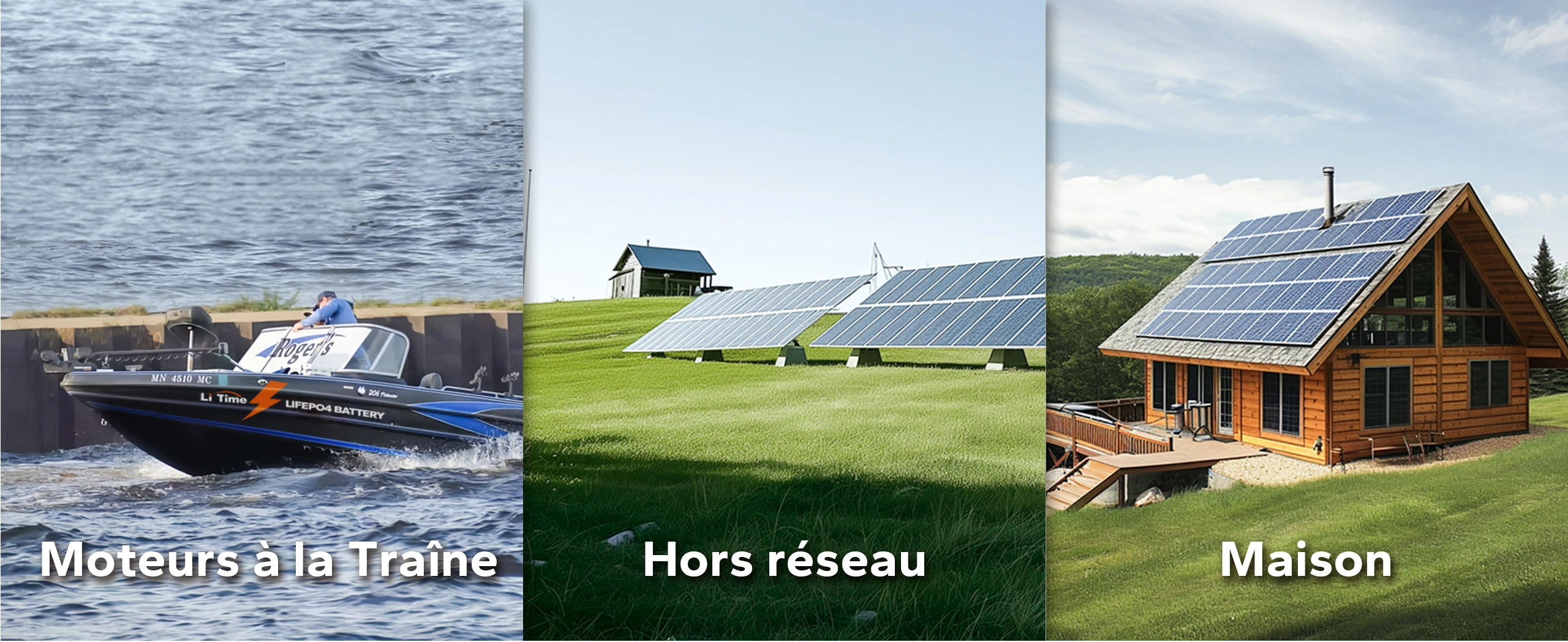 Exemples d'applications concrètes de la batterie LiTime pour moteurs de traîne, systèmes solaires hors réseau et alimentation domestique.