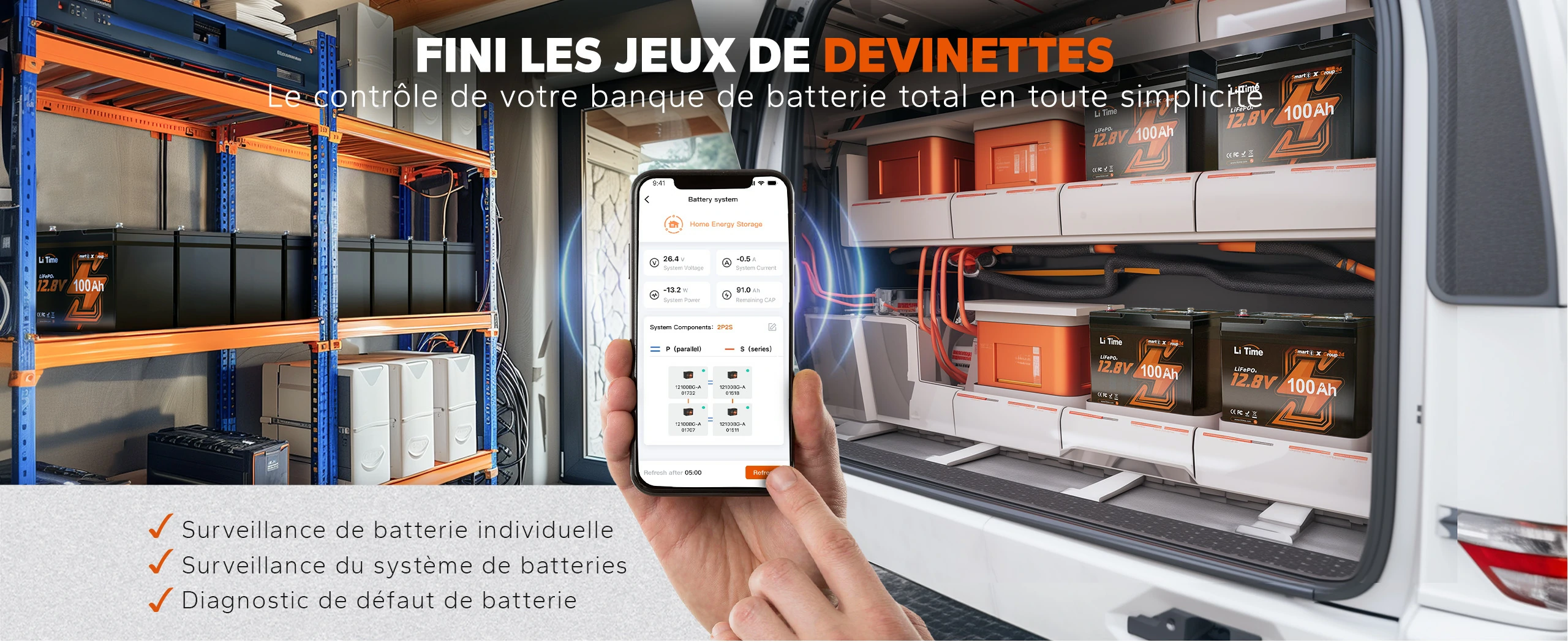 Interface de l'application mobile affichant la surveillance individuelle des batteries, du système complet et le diagnostic des défauts.