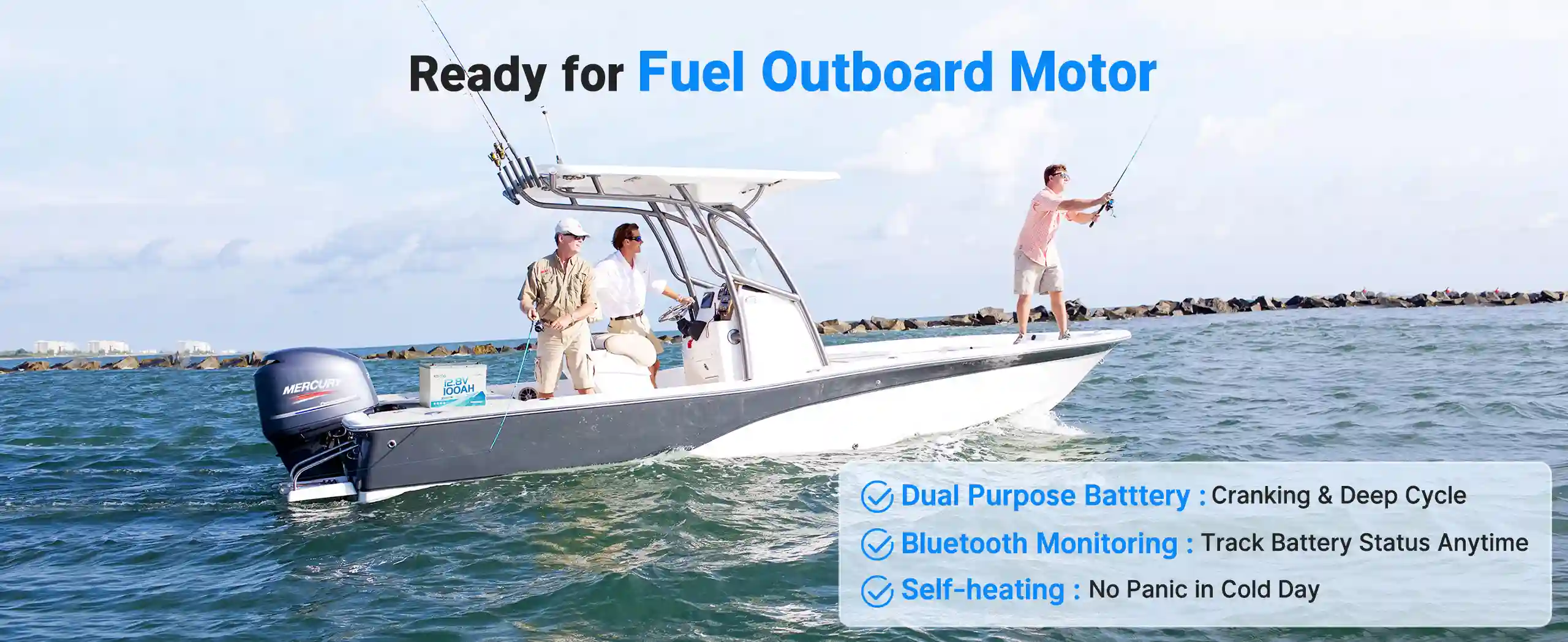key features of Redodo 12V 100Ah Group 27 dual purpose lithium marine battery