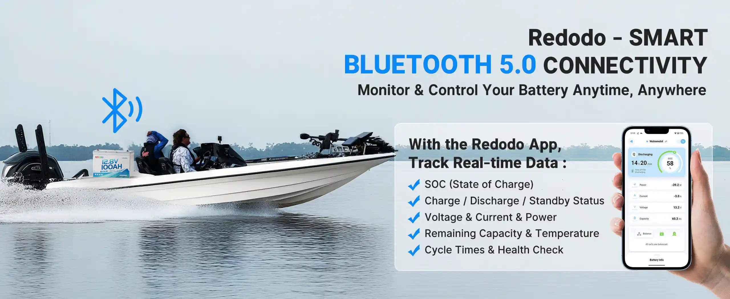 Redodo 12V 100Ah Group 27 marine battery  BLUETOOTH