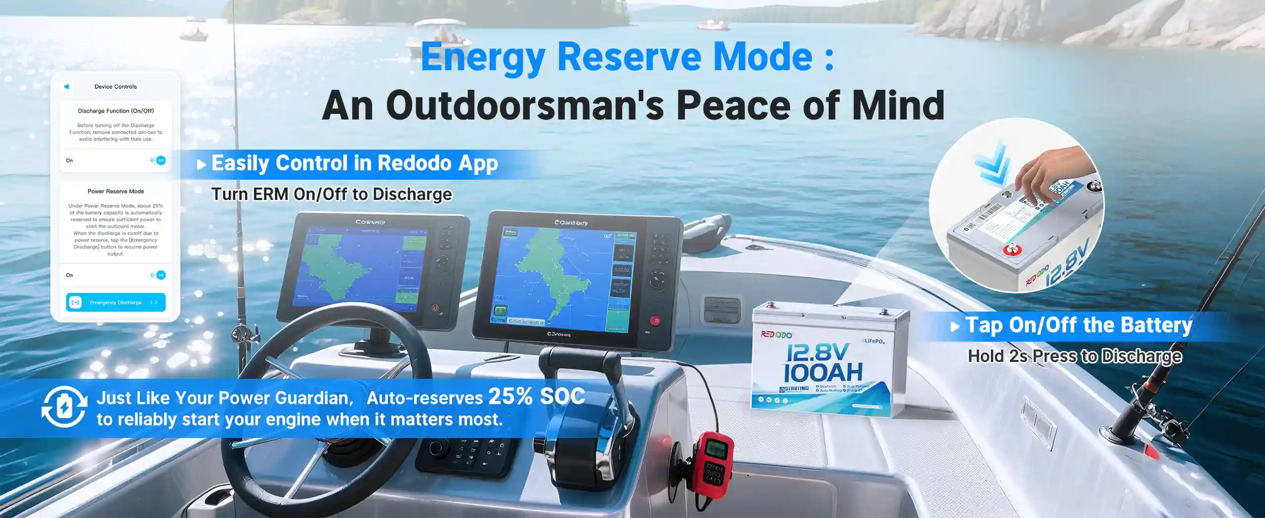 Redodo Group 27 900 CCA dual purpose lithium marine battery with Energy Reserve Mode