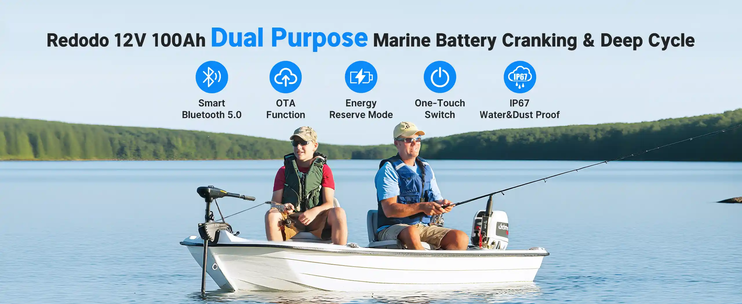 All features of Redodo 12V 100Ah Group 27 dual purpose lithium marine battery